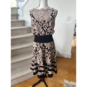 Tadashi Shoji Tan & Black Damask Lace Blouson Drop Waist Cocktail Dress